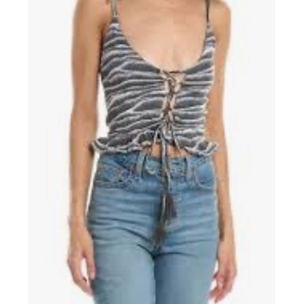 Tiare Hawaii Womens Black White Lace Up Tassel Smocked Crop Top One Size NWT